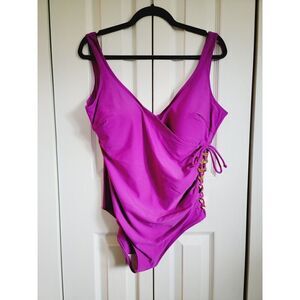 Ocean Jewel 18W Purple One-Piece‎ Swimsuit Gold Orbs Sides Wireless Padded Cups